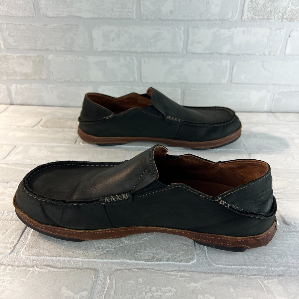 Olukai Moloa Shoes Mens 11 Black Convertible Leather Slip On Casual Moc Loafers - Picture 11 of 14